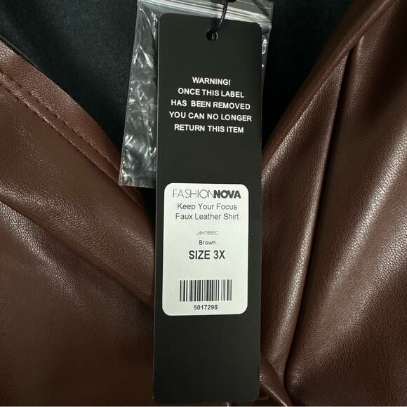 Fashion Nova Jolie & Joy Button Down Faux Leather Top Chocolate Brown 3X NWT - Picture 8 of 9